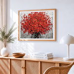 Abstract red tree on grey background paint by numbers artwork displayed on wall as home decor