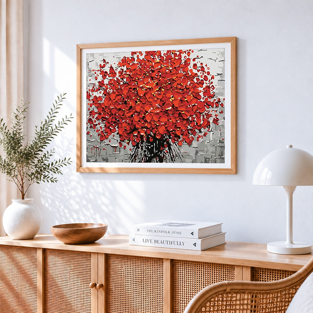 Abstract red tree on grey background paint by numbers artwork displayed on wall as home decor