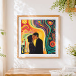 Finished abstract romantic couple painting cross stitch artwork displayed