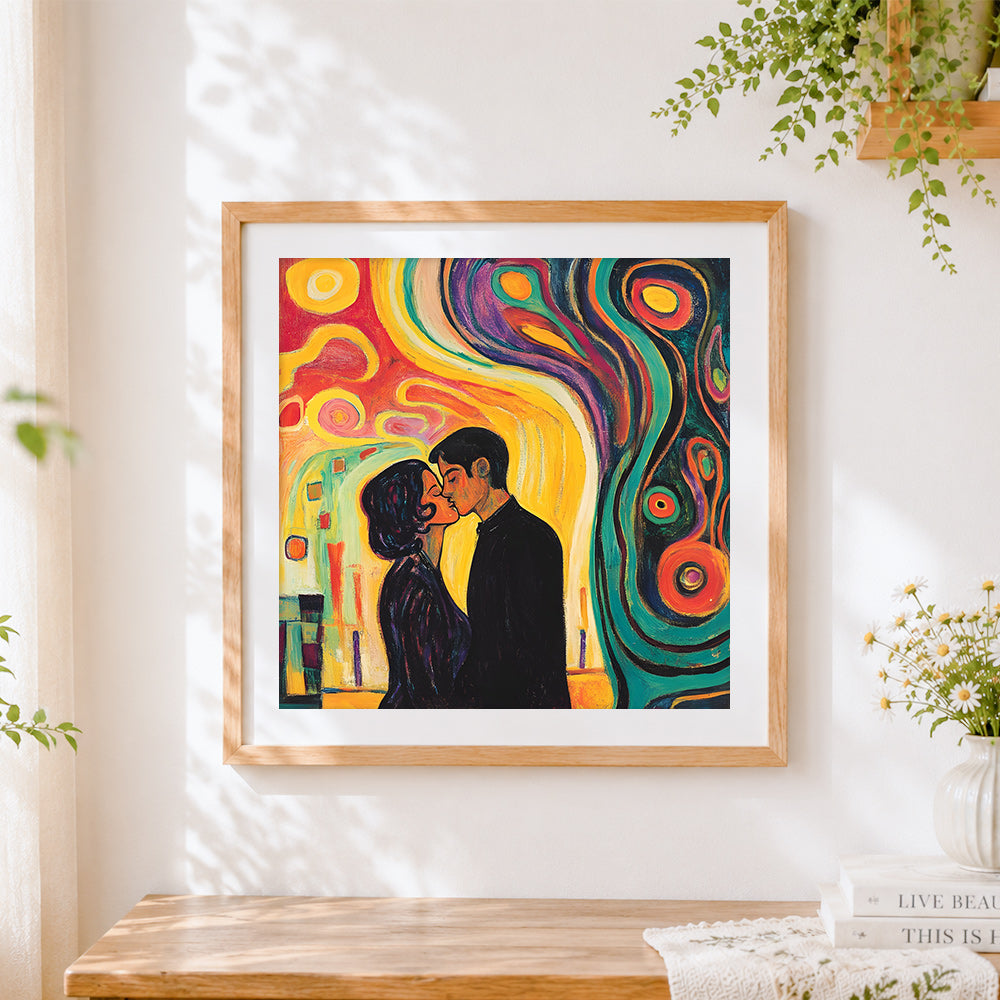 Finished abstract romantic couple painting cross stitch artwork displayed