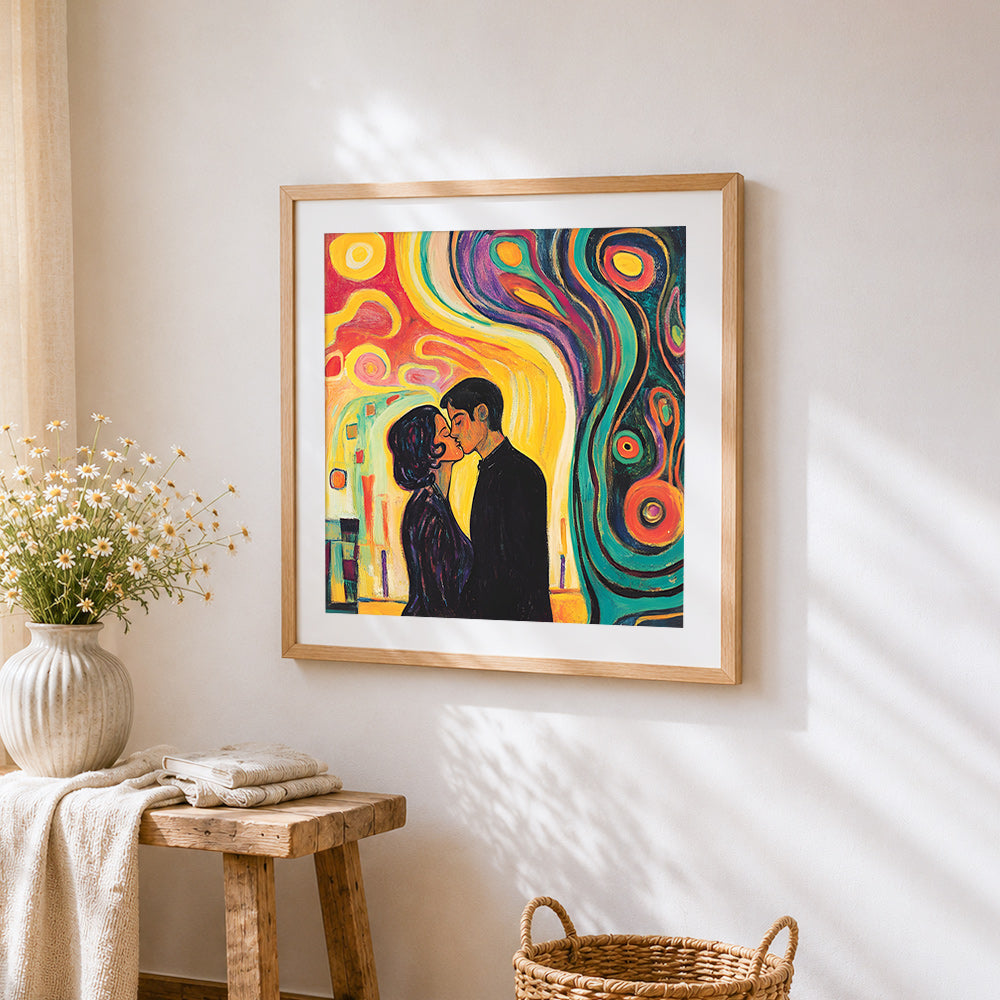 Abstract romantic couple painting cross stitch artwork displayed on wall as home decor