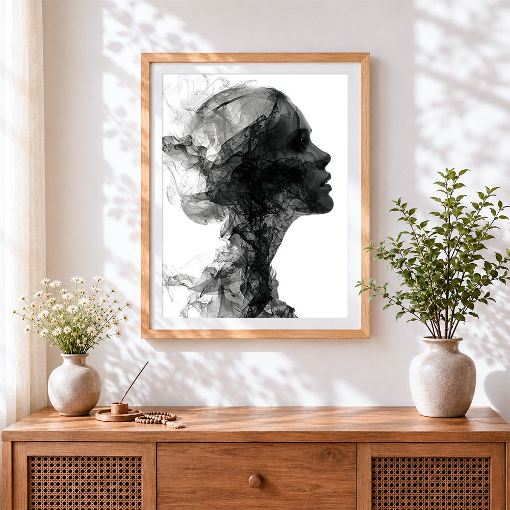 Finished abstract smoke woman silhouette cross stitch artwork displayed