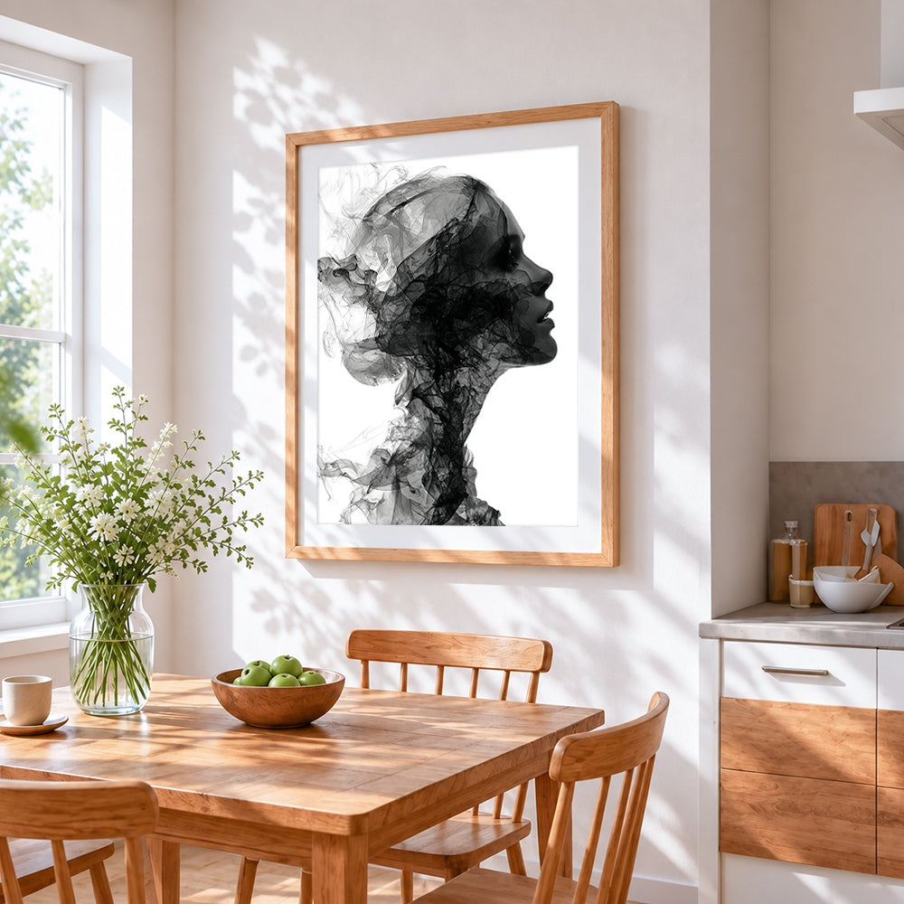 Abstract smoke woman silhouette cross stitch artwork displayed on wall as home decor