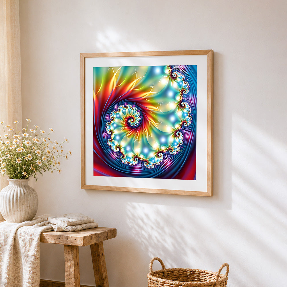 Abstract spiral kaleidoscope cross stitch artwork displayed on wall as home decor