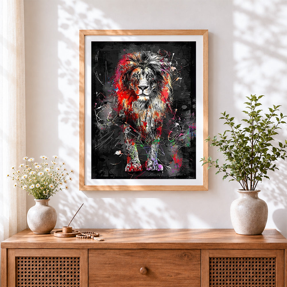 Finished abstract splash lion cross stitch artwork displayed