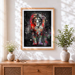 Finished abstract splash lion cross stitch artwork displayed