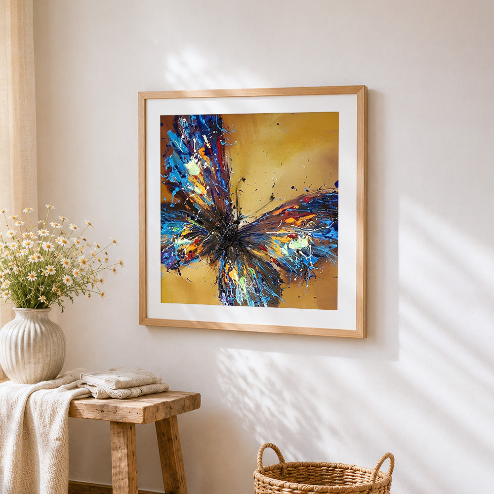 Abstract splatter butterfly cross stitch artwork displayed on wall as home decor