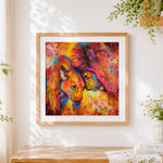 Finished abstract splatter lion couple cross stitch artwork displayed