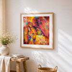 Abstract splatter lion couple cross stitch artwork displayed on wall as home decor