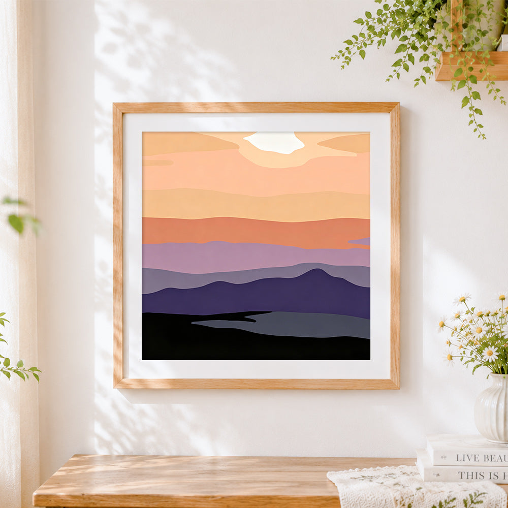 Finished abstract sunset mountains cross stitch artwork displayed