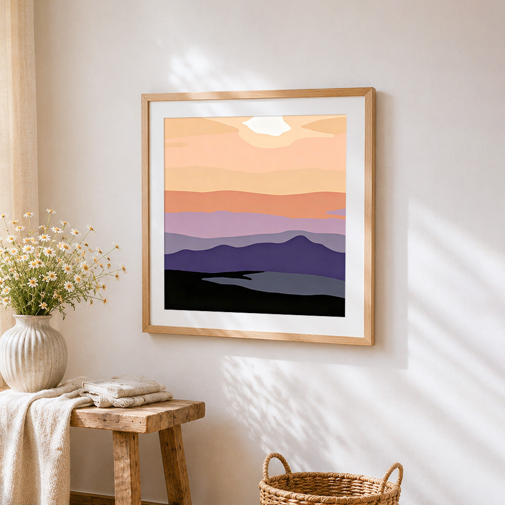 Abstract sunset mountains cross stitch artwork displayed on wall as home decor