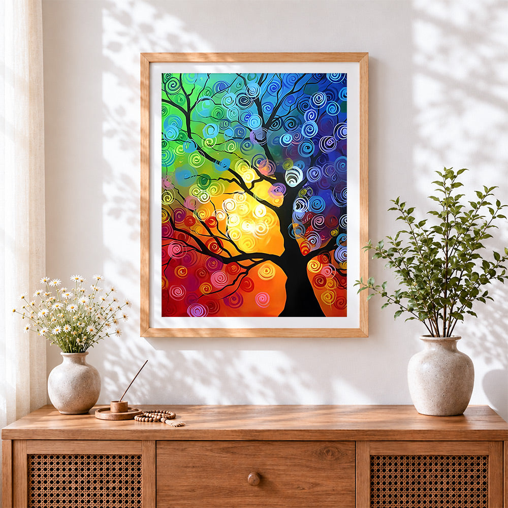 Finished abstract swirl tree cross stitch artwork displayed