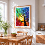 Abstract swirl tree cross stitch artwork displayed on wall as home decor