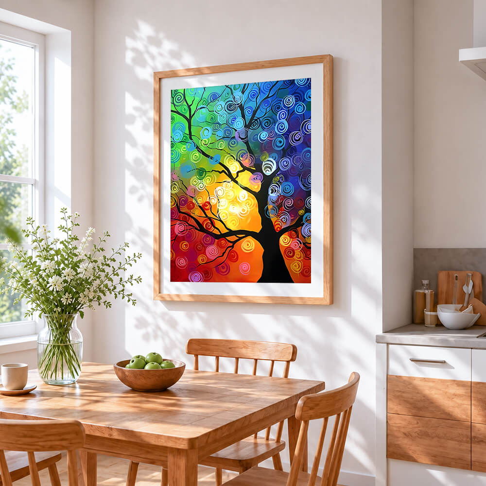 Abstract swirl tree cross stitch artwork displayed on wall as home decor