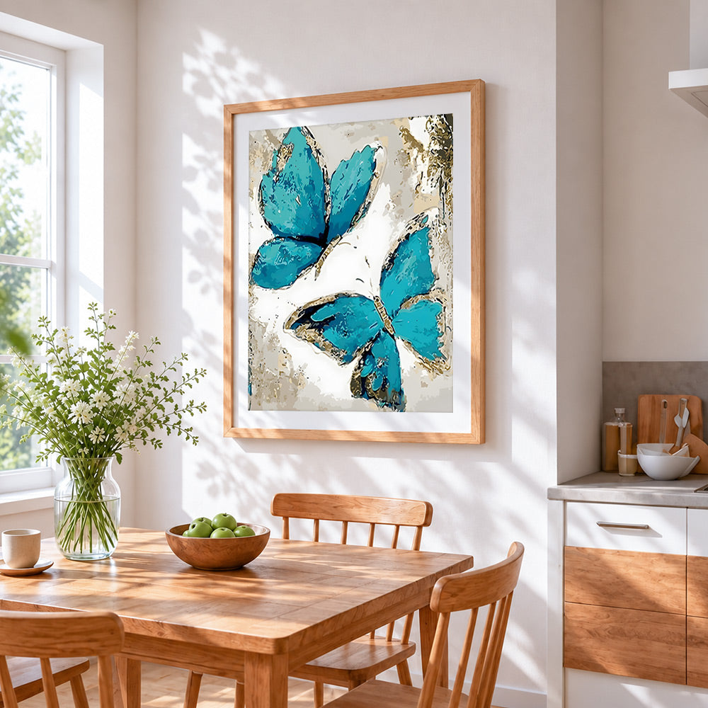 Abstract teal butterflies cross stitch artwork displayed on wall as home decor
