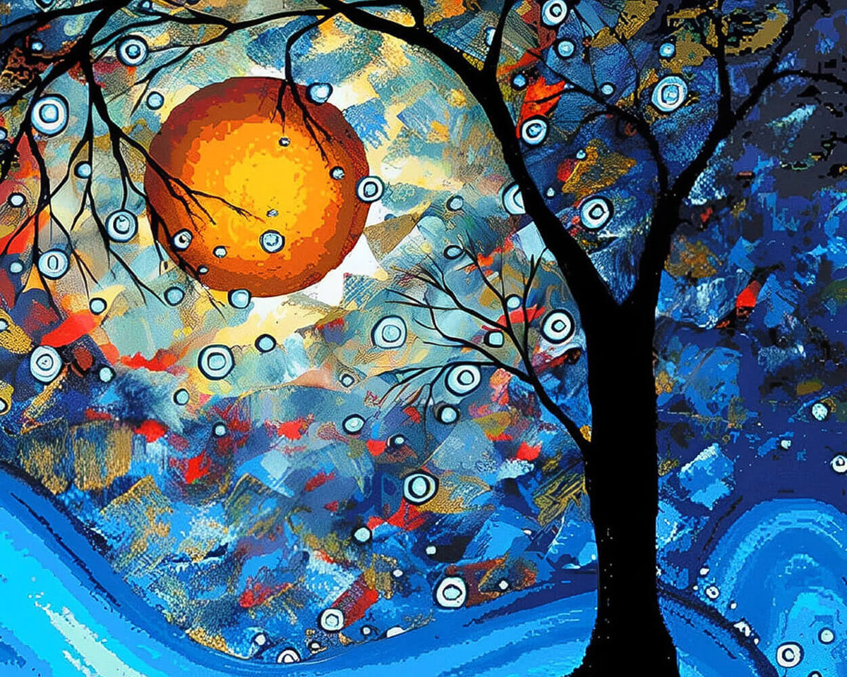 Abstract tree with orange sun paint by numbers kit for beginners