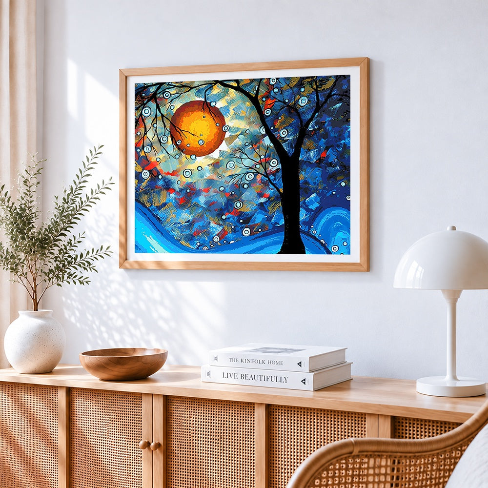 Abstract tree with orange sun paint by numbers artwork displayed on wall as home decor