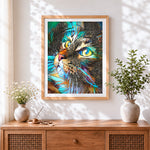 Finished abstract tribal cat cross stitch artwork displayed