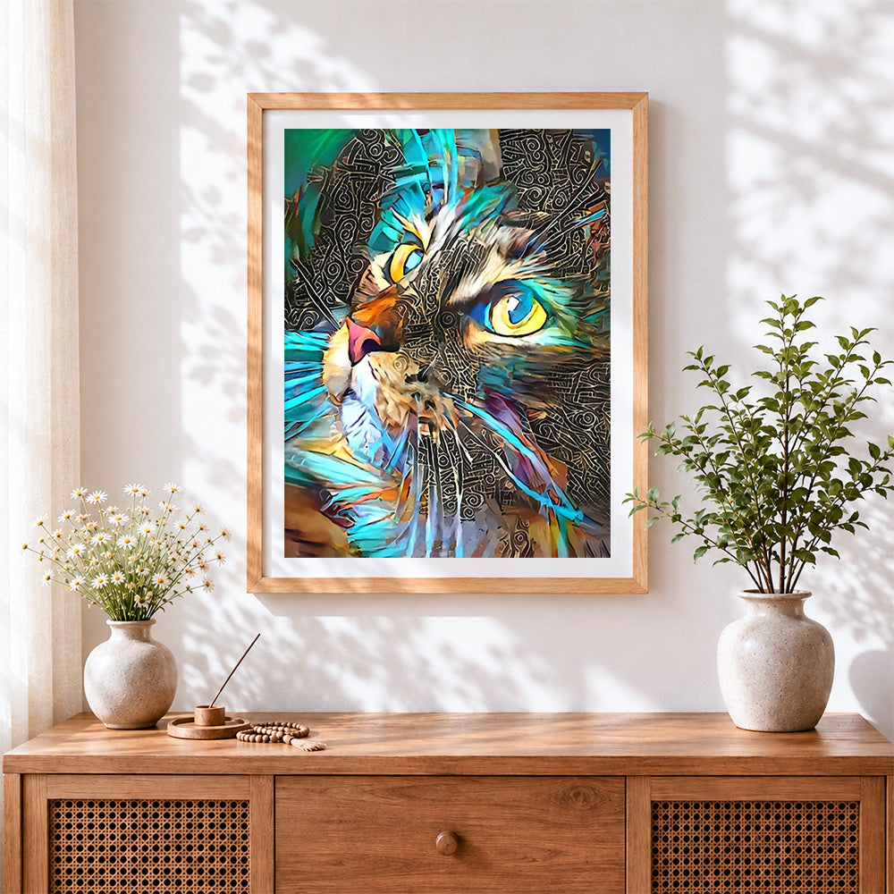 Finished abstract tribal cat cross stitch artwork displayed
