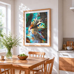 Abstract tribal cat cross stitch artwork displayed on wall as home decor