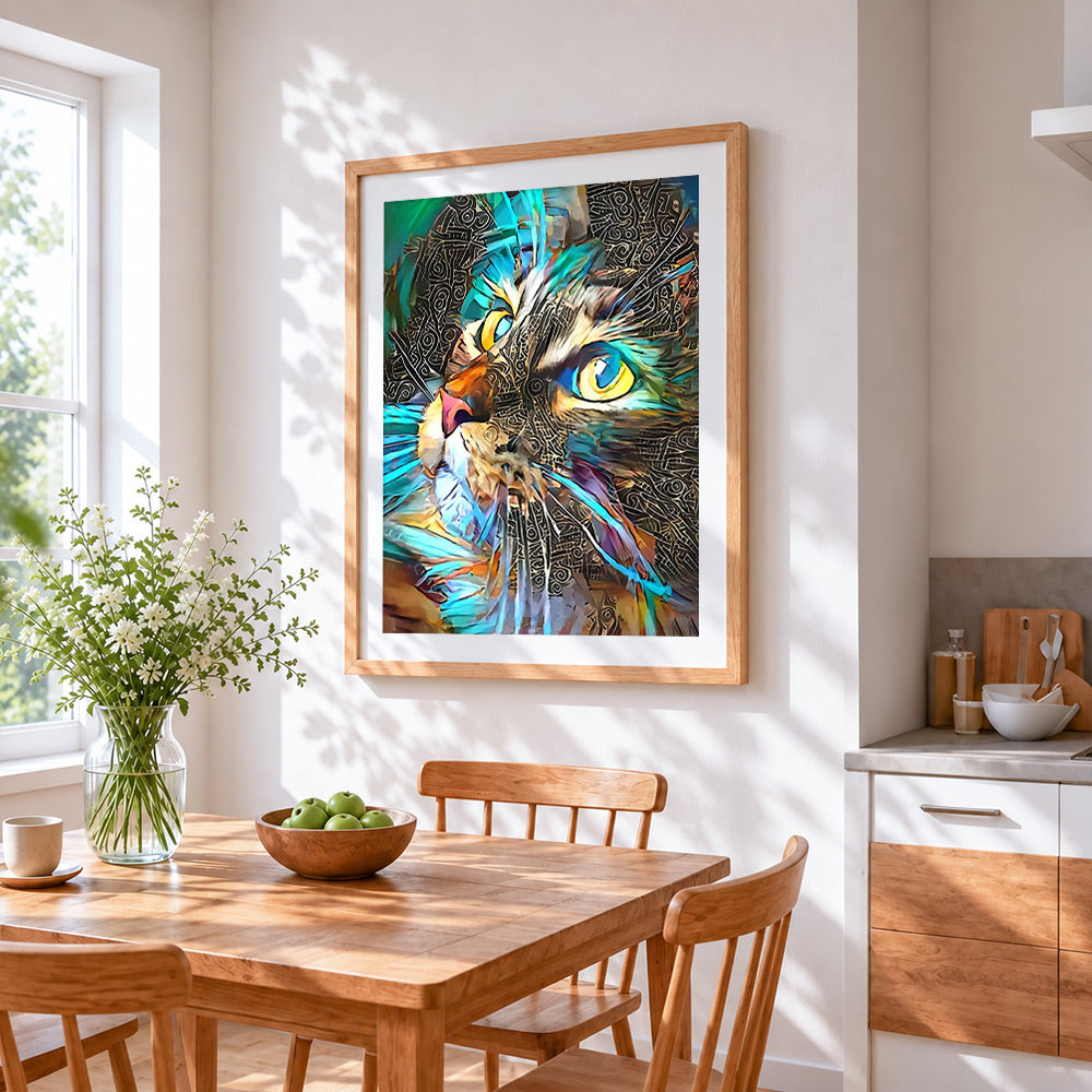 Abstract tribal cat cross stitch artwork displayed on wall as home decor