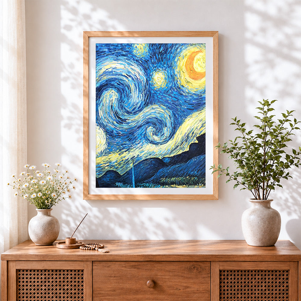 Finished abstract van gogh style starry night cross stitch artwork displayed
