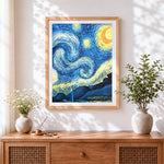 Finished abstract van gogh style starry night cross stitch artwork displayed