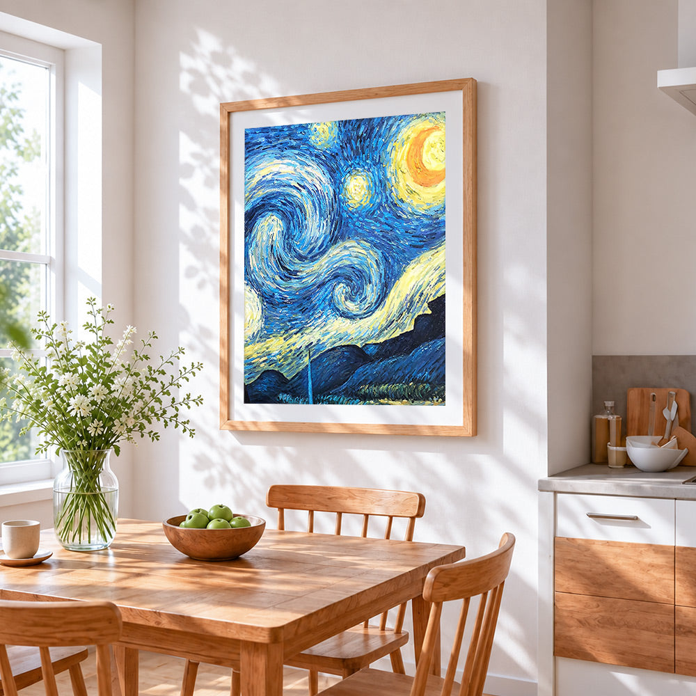 Abstract van gogh style starry night paint by numbers artwork displayed on wall as home decor