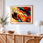 Abstract violin and face cross stitch artwork displayed on wall as home decor