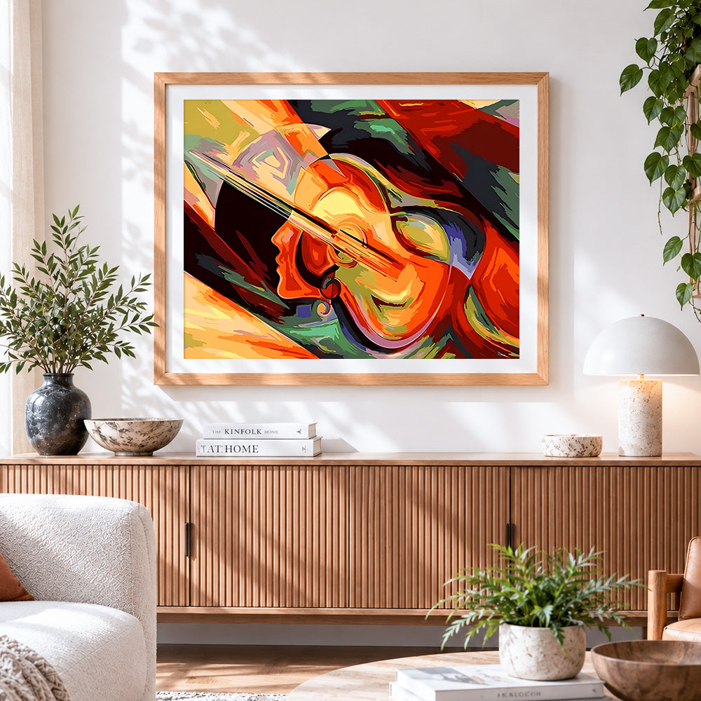 Finished abstract violin and face paint by numbers artwork displayed as home decor