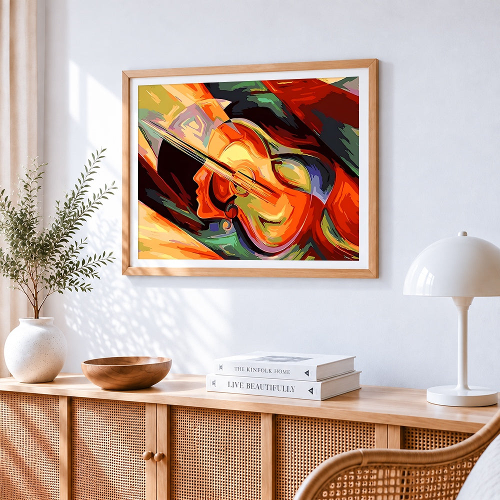 Abstract violin and face paint by numbers artwork displayed on wall as home decor