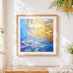 Finished abstract water lily pond cross stitch artwork displayed