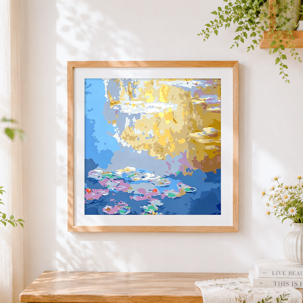 Finished abstract water lily pond cross stitch artwork displayed