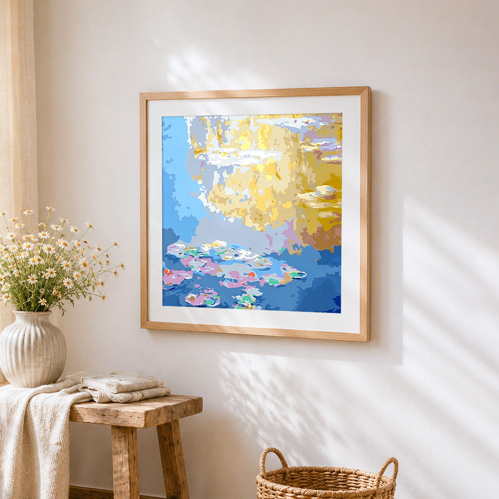 Abstract water lily pond cross stitch artwork displayed on wall as home decor