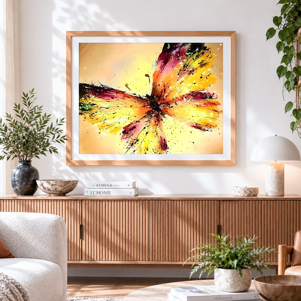 Finished abstract watercolour butterfly cross stitch artwork displayed