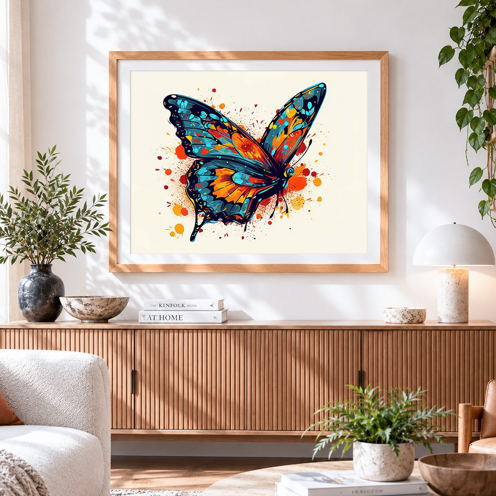 Finished abstract watercolour butterfly with splashes cross stitch artwork displayed