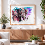 Finished abstract watercolour elephant cross stitch artwork displayed