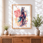 Finished abstract watercolour horse cross stitch artwork displayed
