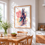 Abstract watercolour horse cross stitch artwork displayed on wall as home decor