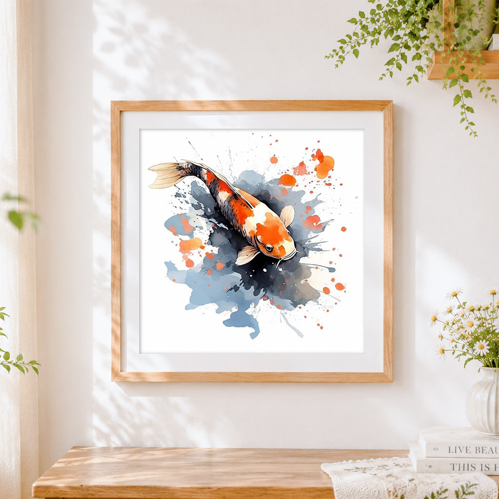 Finished abstract watercolour koi fish cross stitch artwork displayed