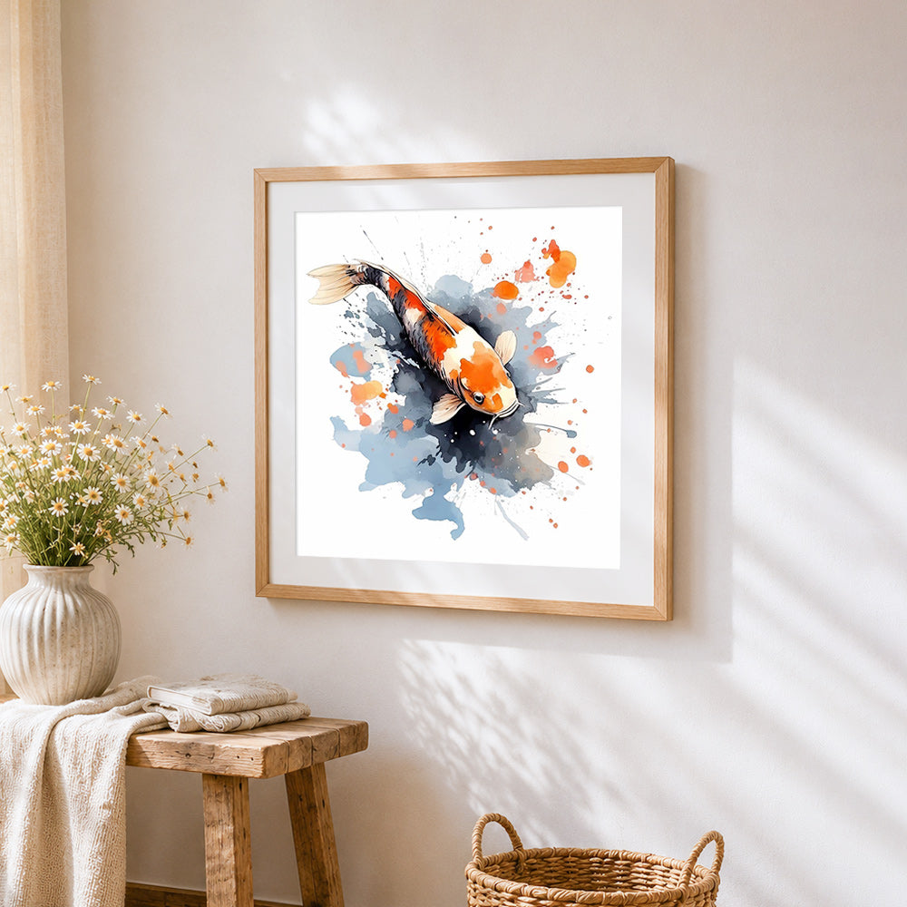 Abstract watercolour koi fish cross stitch artwork displayed on wall as home decor