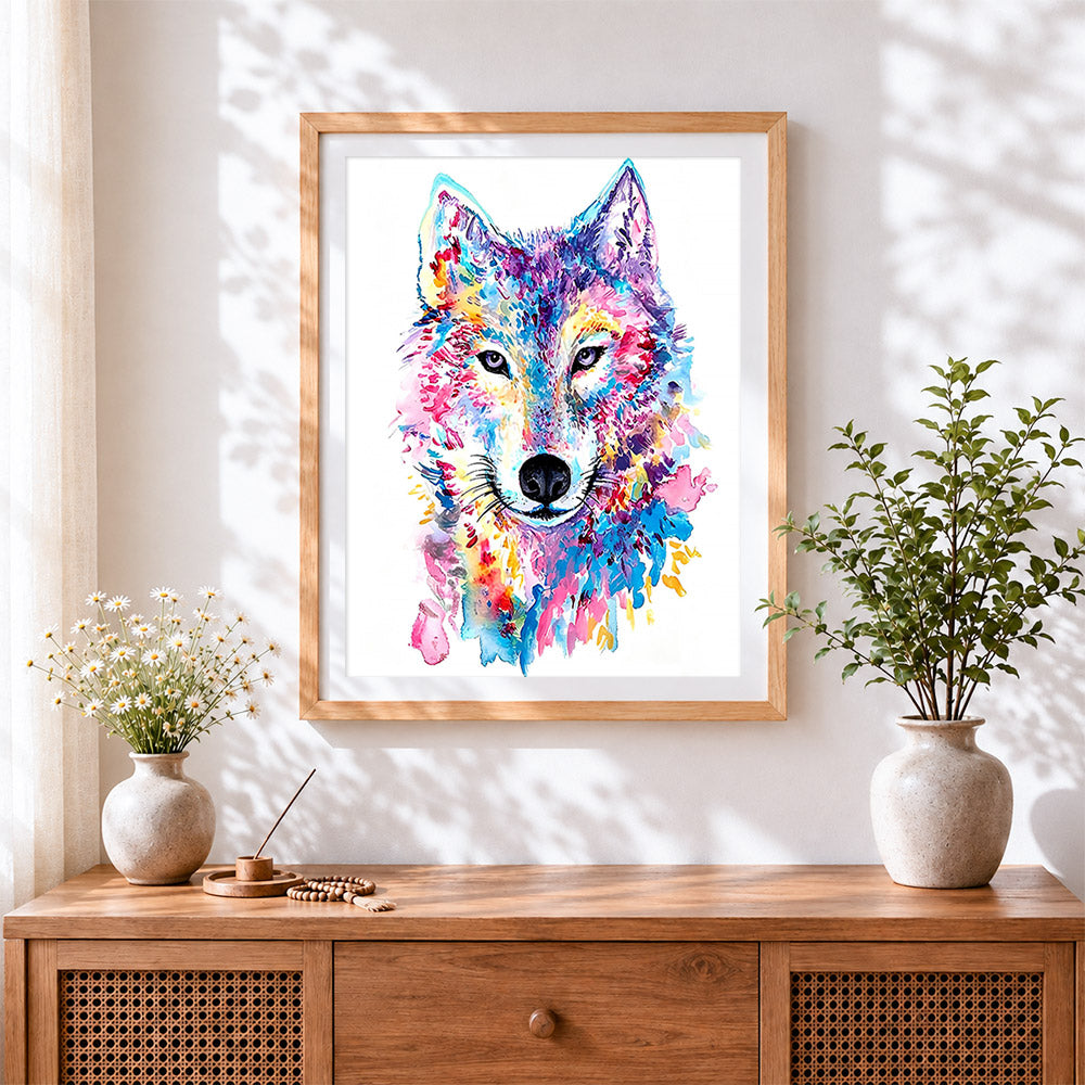Finished abstract watercolour wolf cross stitch artwork displayed
