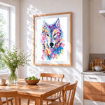 Abstract watercolour wolf cross stitch artwork displayed on wall as home decor