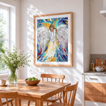 Abstract white angel cross stitch artwork displayed on wall as home decor