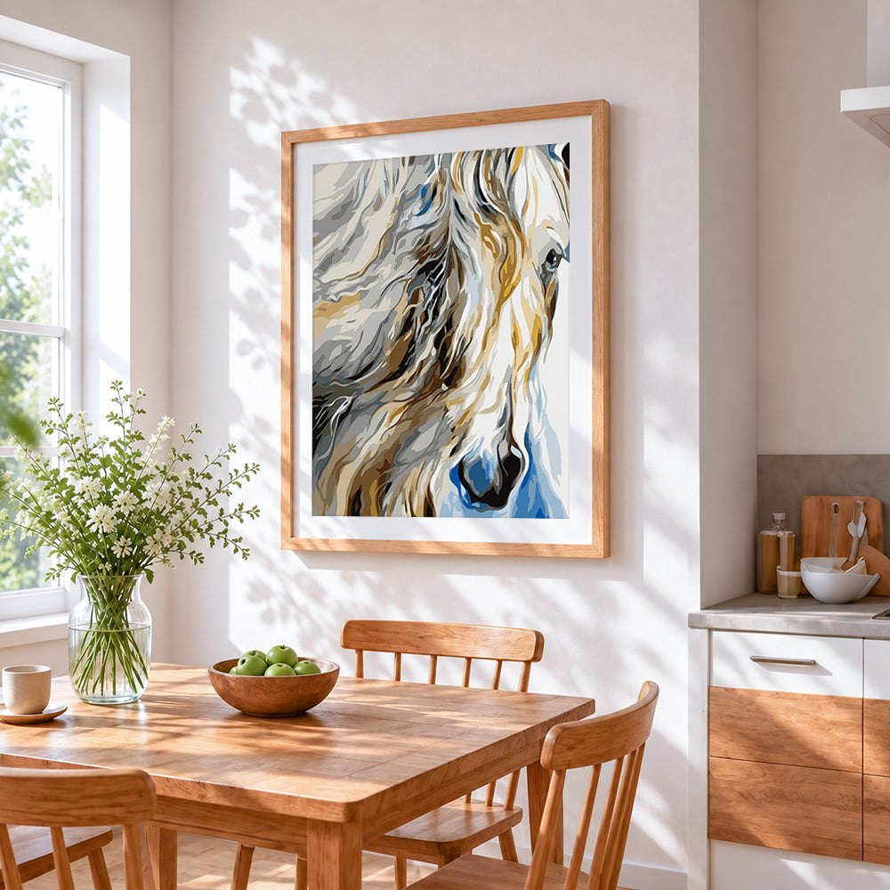 Abstract white horse cross stitch artwork displayed on wall as home decor