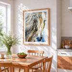 Abstract white horse cross stitch artwork displayed on wall as home decor