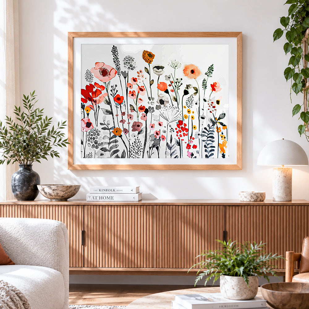 Finished abstract wildflower meadow cross stitch artwork displayed