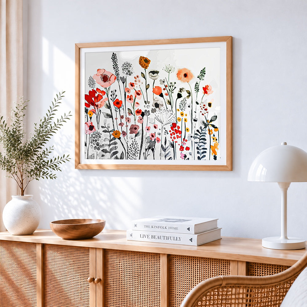 Abstract wildflower meadow cross stitch artwork displayed on wall as home decor