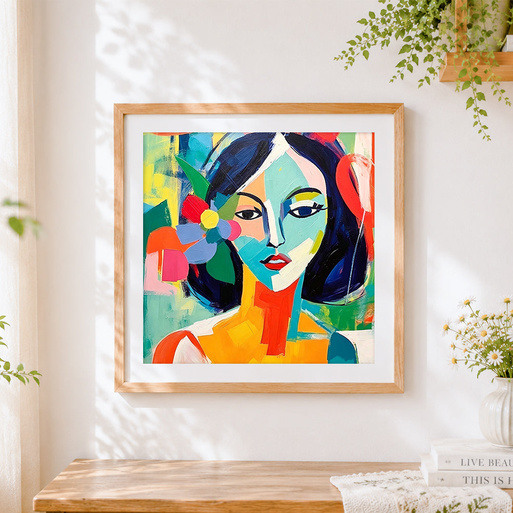 Finished abstract woman with flower cross stitch artwork displayed