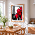 Acoustic guitar with red roses cross stitch artwork displayed on wall as home decor